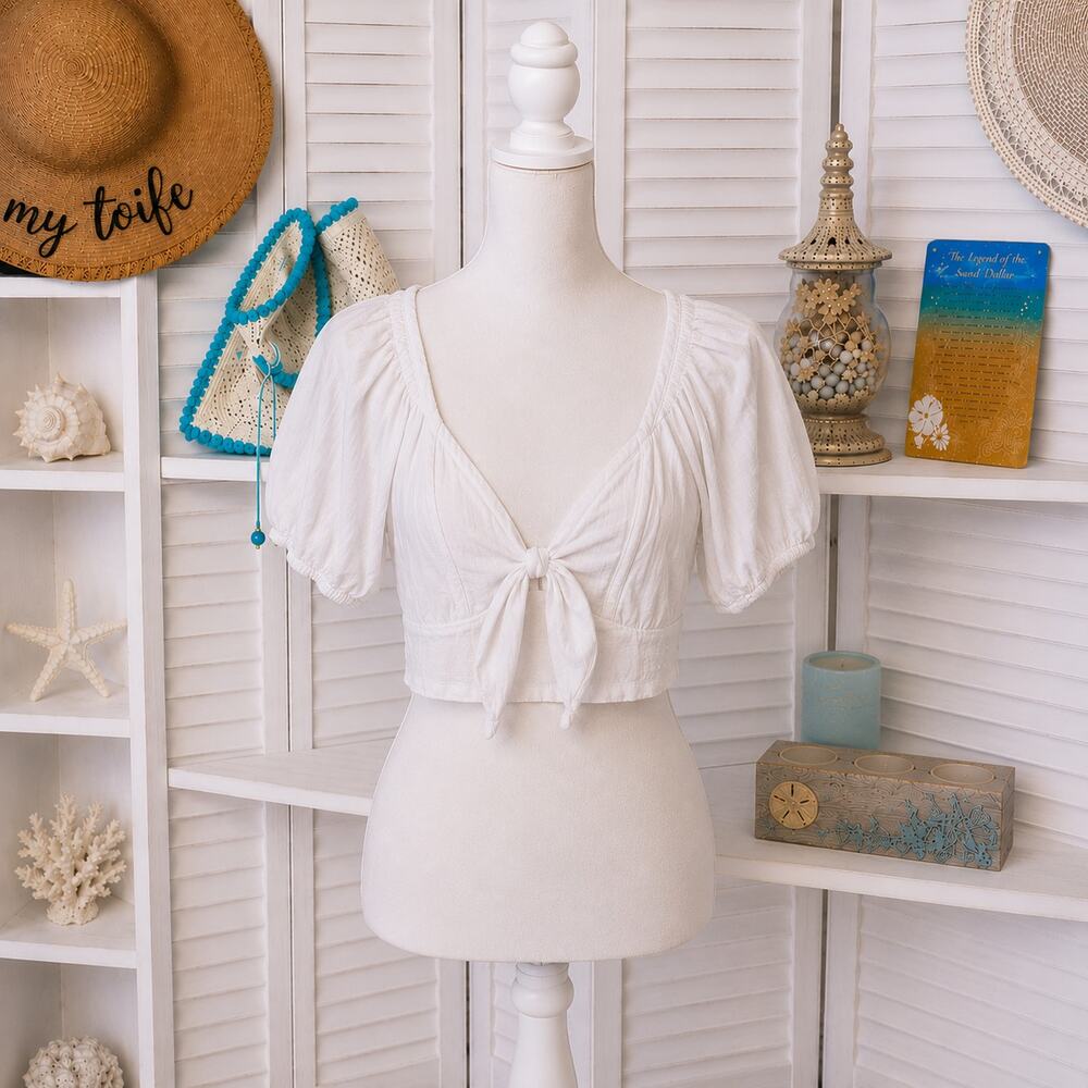 Altar'd State White Crop Ruched Boho Linen Blend Festival Peasant Top Size L